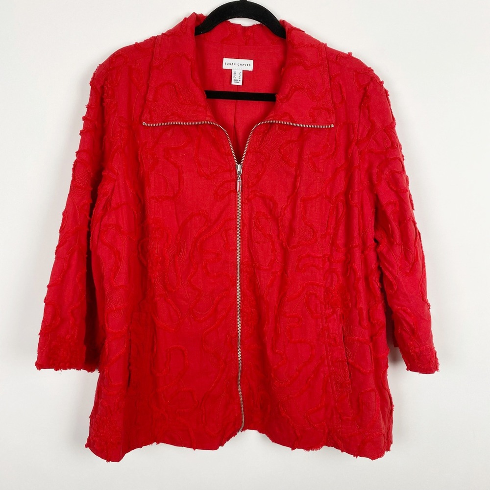 Susan Graver Textured‎ Ribbon Soutache Zip Front Jacket Womens Large Red Cotton